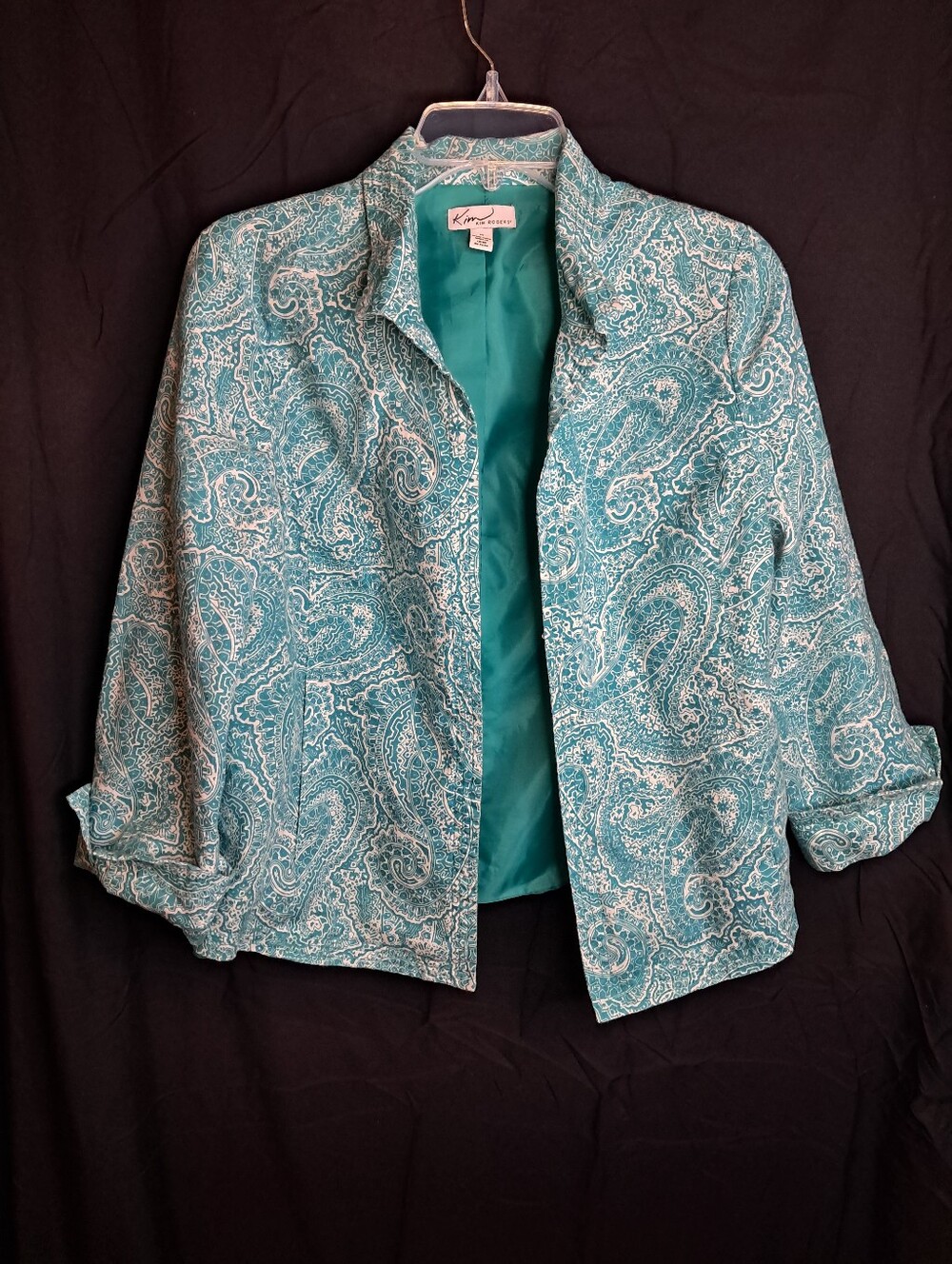 Kim Rogers Teal Paisley 100% Linen Open Front Blazer Jacket - Size M